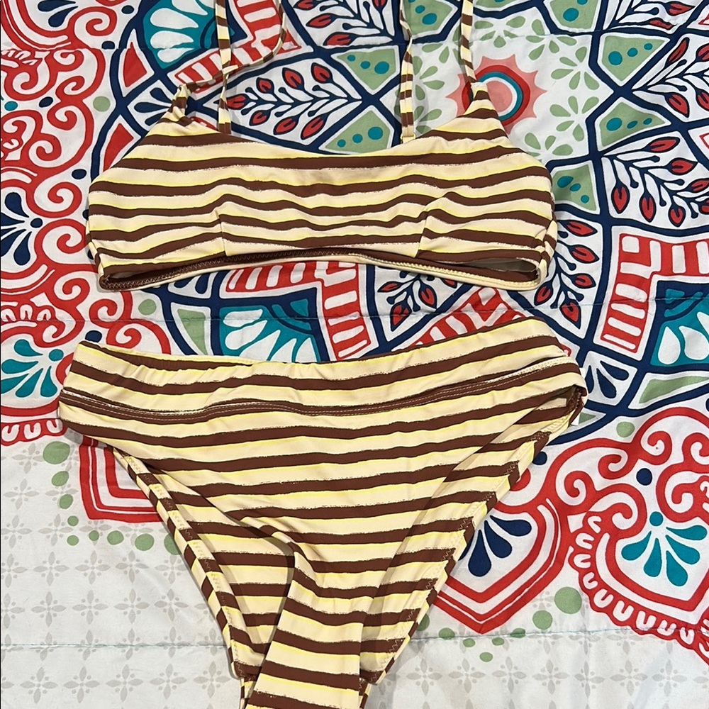 Out from Undwr Striped Yellow and Brown Bikini Set